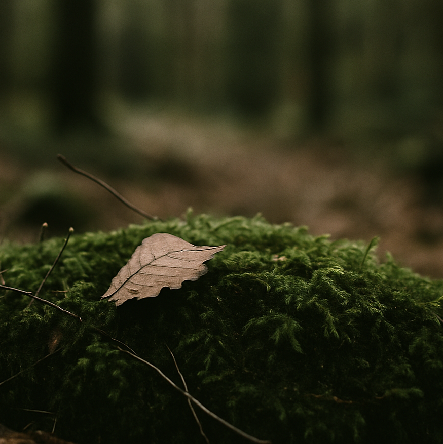 "A close-up of moss-covered forest ground with soft natural light filtering through, evoking a sense of quiet introspection and belonging."