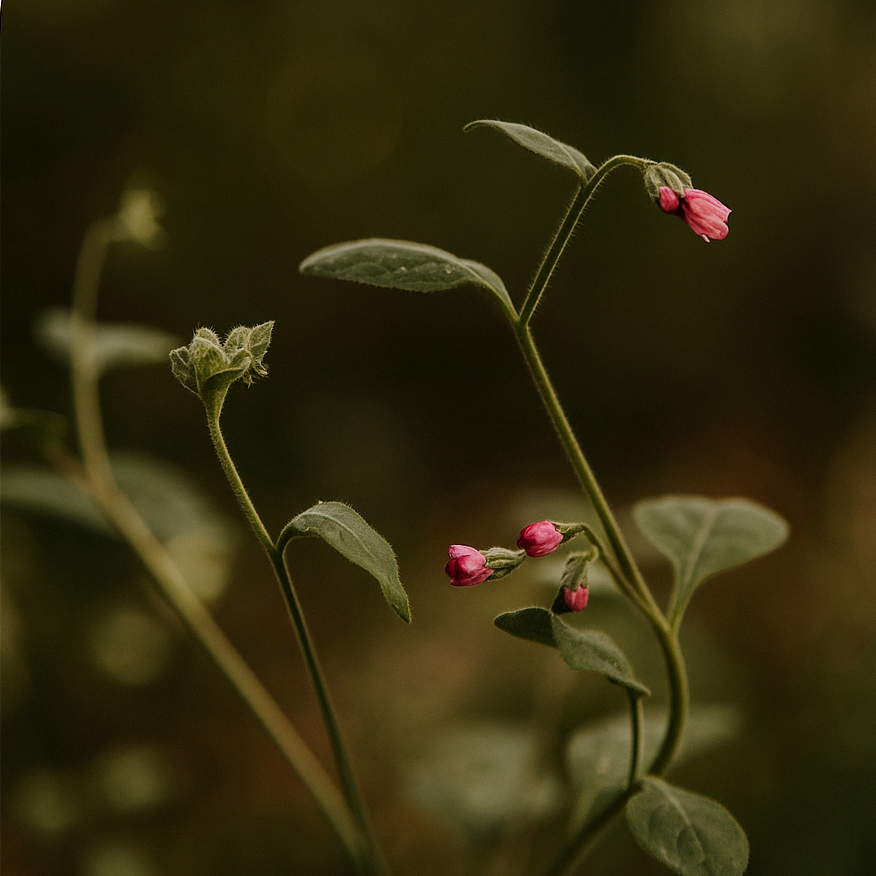 "A gentle macro shot of two dew-covered ferns unfolding, symbolizing delicate transformation, support and organic self-growth."