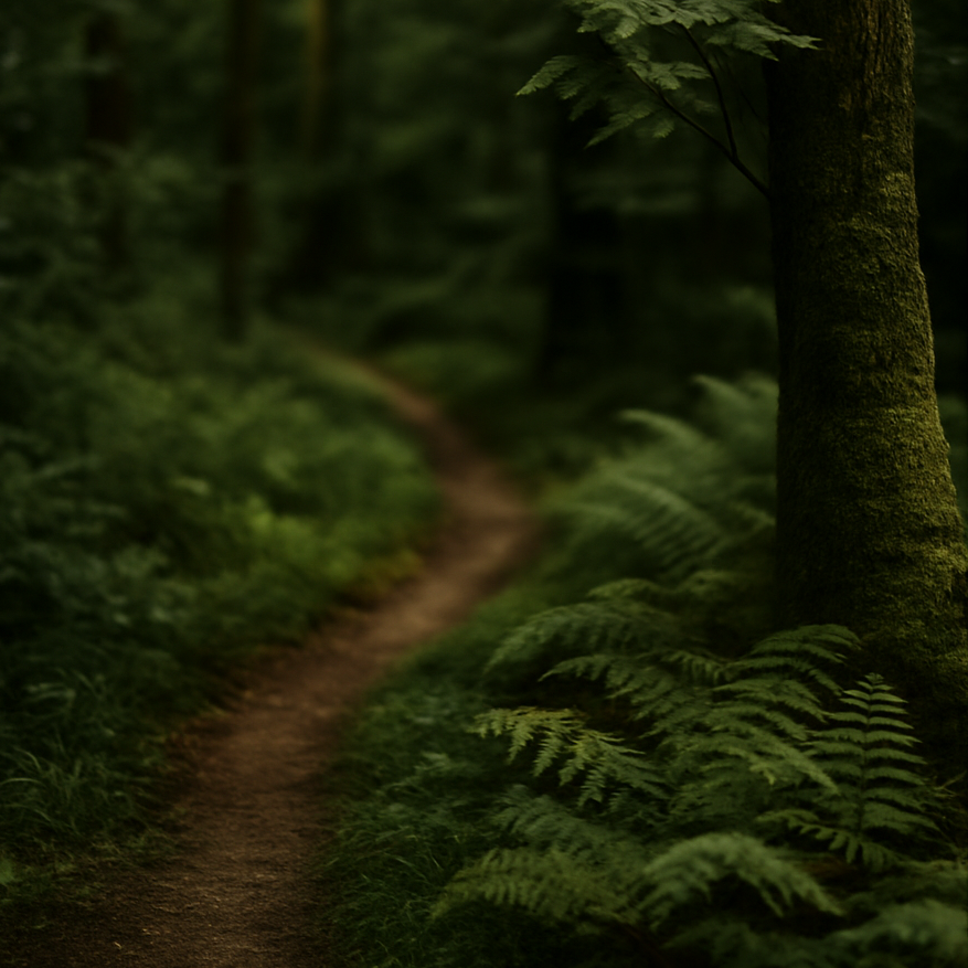 "A serene forest path dappled in daylight, leading into soft green shadows — representing a soulful, grounded journey inward."